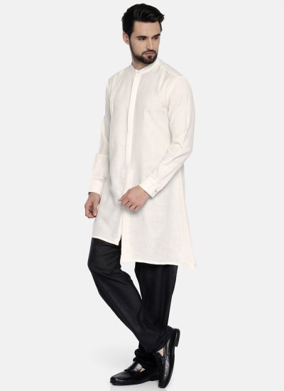 Off White Plain Blended Cotton Kurta Pyjama