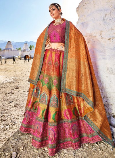 Orange and Pink Banarasi Silk Trendy Lehenga Choli