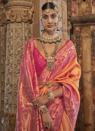 Orange and Pink Weaving Banarasi Silk Saree