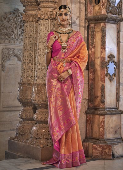 Orange and Pink Weaving Banarasi Silk Saree