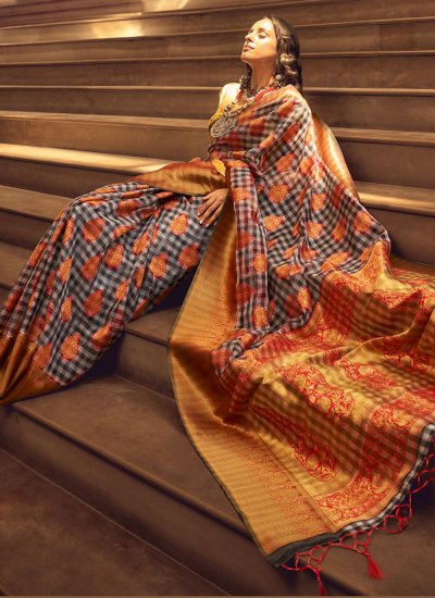 Orange Handloom silk Weaving Designer Saree