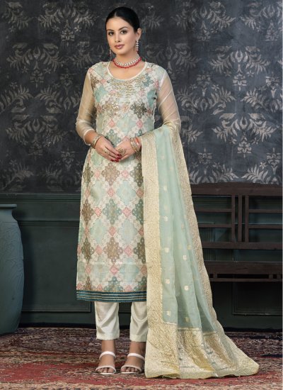 Organza Embroidered Pant Style Suit in Multi Colour