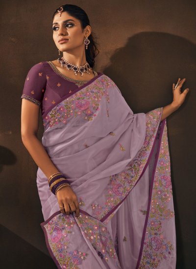 Organza Embroidered Purple Trendy Saree