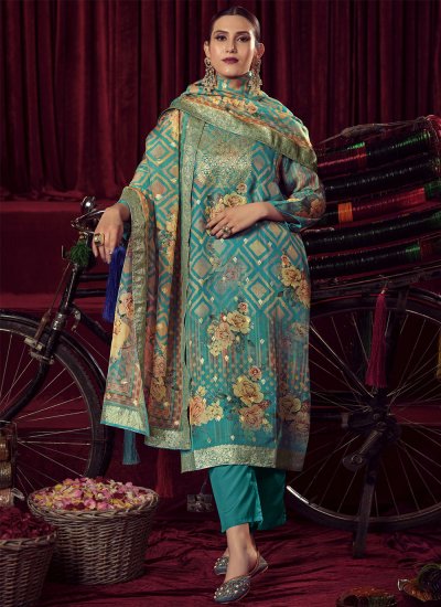 Organza Turquoise Woven Salwar Suit