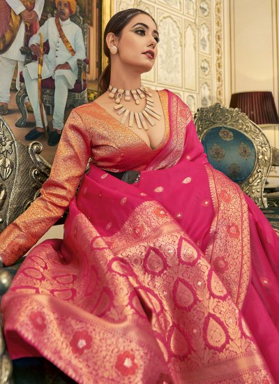 Organza Weaving Classic Saree in Pink
