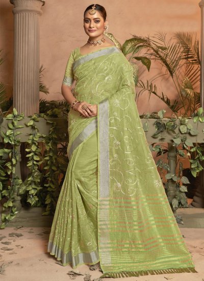 Outstanding Green Embroidered Cotton Silk Casual Saree