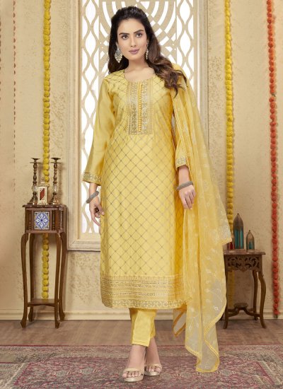 Outstanding Silk Yellow Salwar Suit
