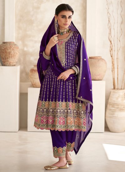 Pant Style Suit Zari Silk in Purple
