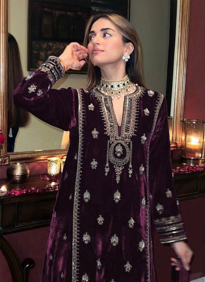 Paramount Velvet Purple Embroidered Trendy Salwar Kameez