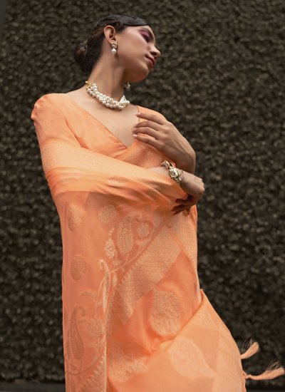 Peach Chinon Weaving Trendy Saree