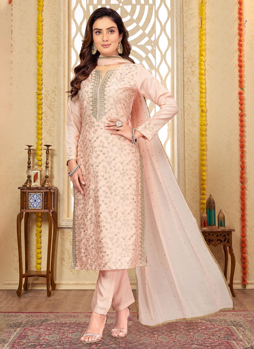 Modal Silk Embroidery Pant Style Suit In Peach Colour - SM5416029