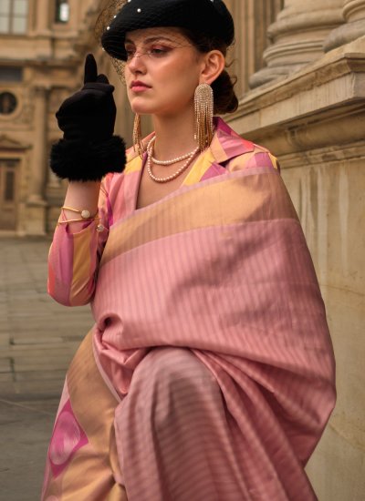Peach Weaving Ceremonial Contemporary Saree