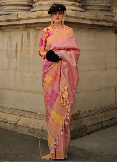 Peach Weaving Ceremonial Contemporary Saree