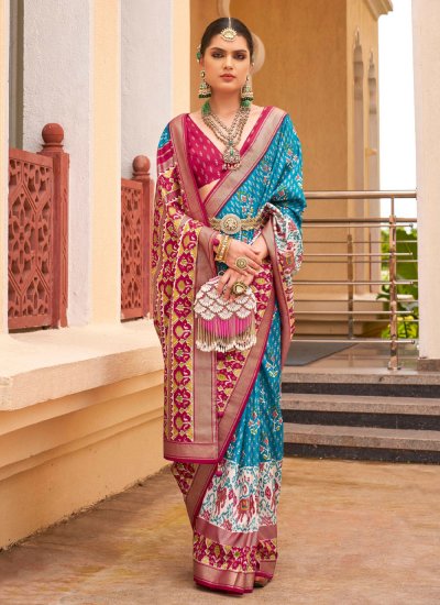 Phenomenal Silk Turquoise Patola Print Trendy Saree