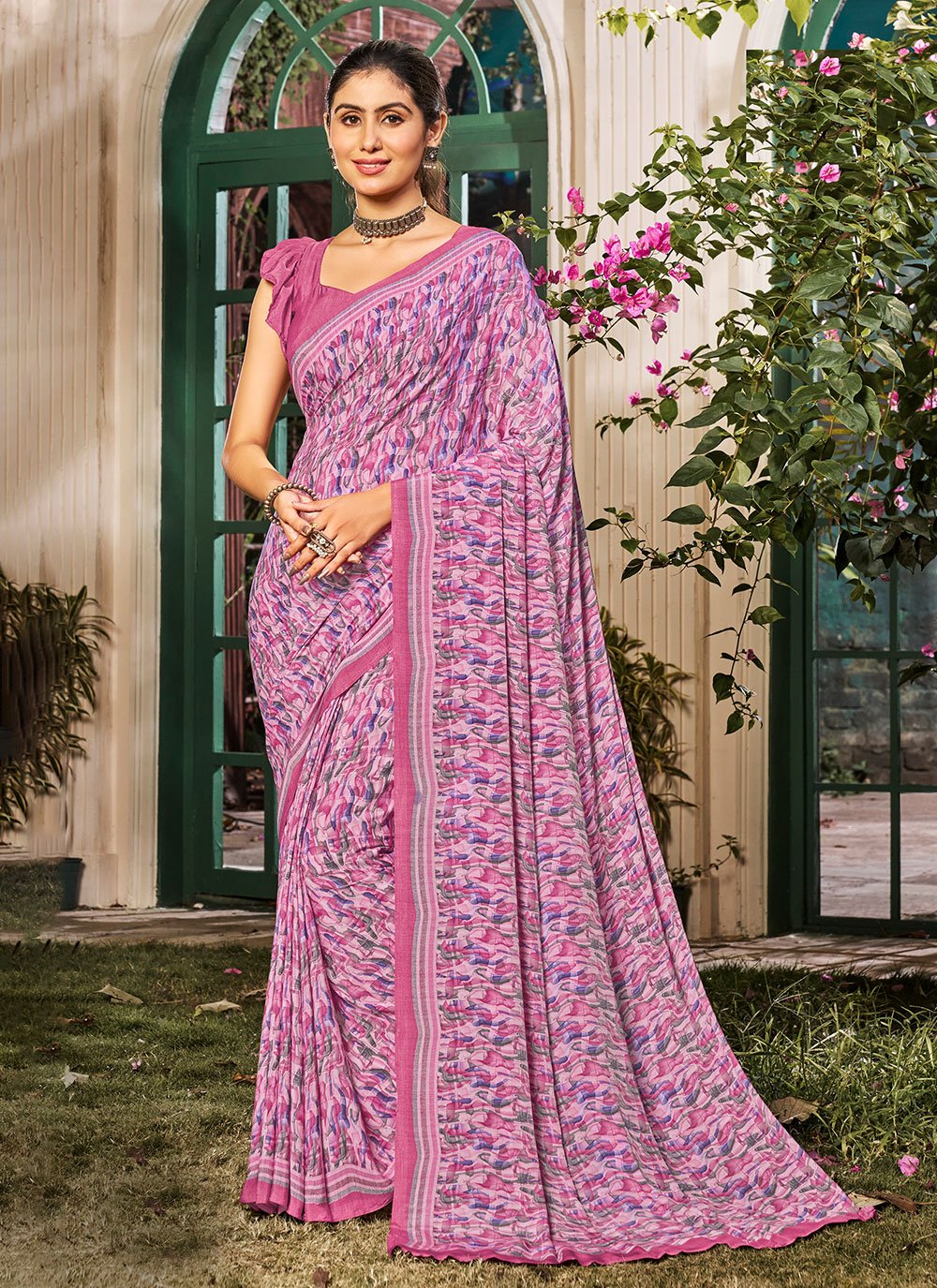 Pretty Off White Flower Printed Linen Designer Saree