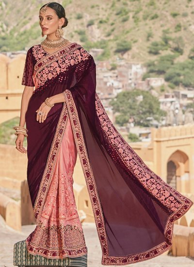 Pink and Wine Fancy Fabric Wedding Classic Saree