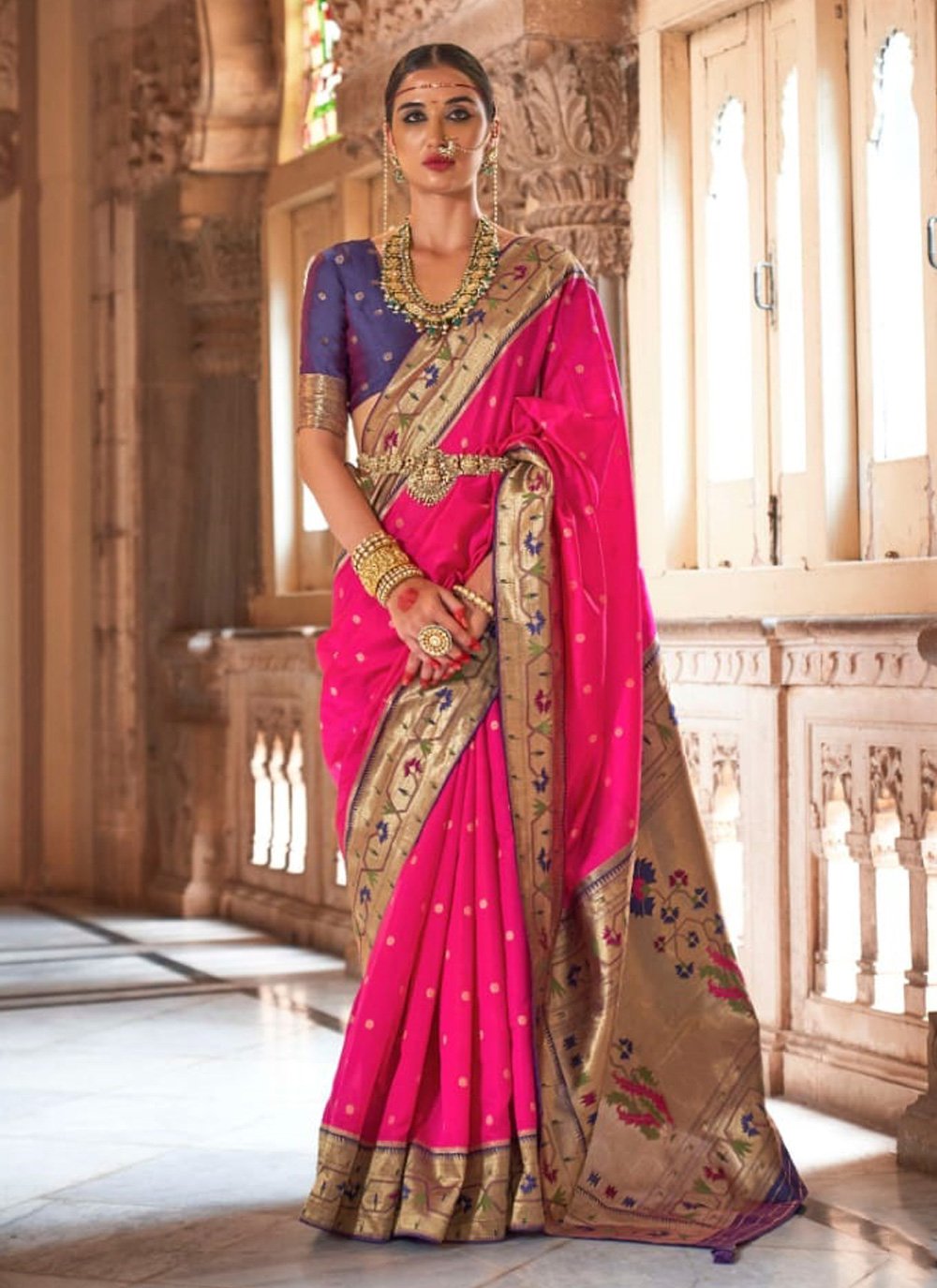 Wedding Wear Rose Pink Color Silk Weave Designer Saree With Same Color  Blouse