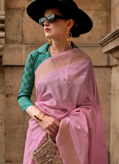 Pink Handloom silk Weaving Trendy Saree