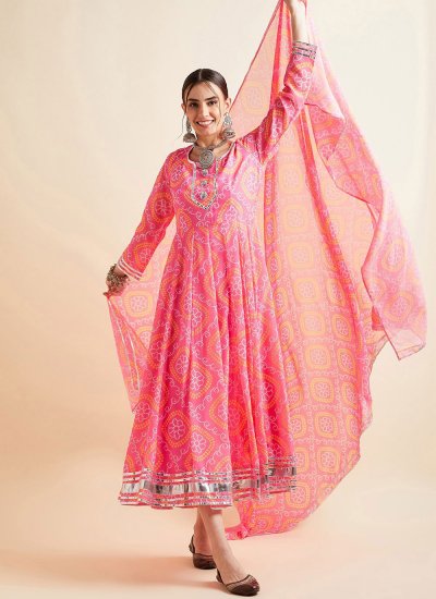 Pink Printed Georgette Readymade Gown