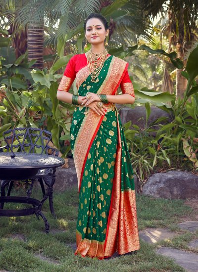 Pleasance Crepe Silk Weaving Green Designer Traditional Saree