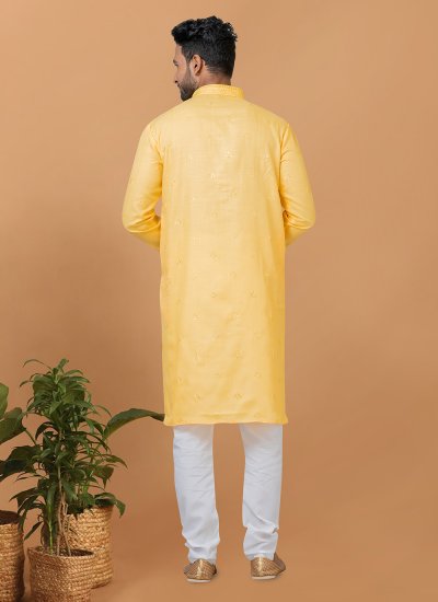 Poly Cotton Embroidered Yellow Kurta Pyjama