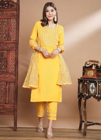 Prepossessing Yellow Embroidered Readymade Salwar Suit