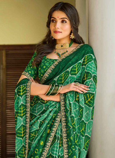 Printed Chiffon Designer Saree in Green