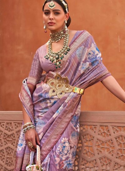 Purple Digital Print Silk Designer Saree