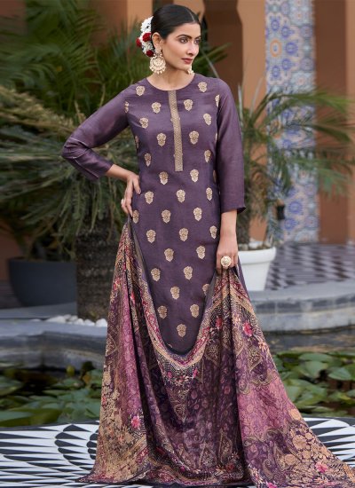 Purple Jacquard Work Pure Silk Palazzo Suit