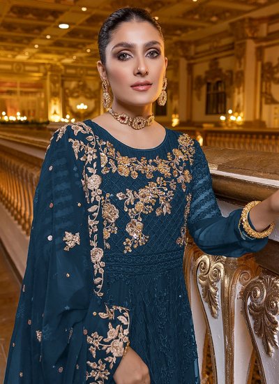 Ravishing Embroidered Teal Faux Georgette Salwar Suit