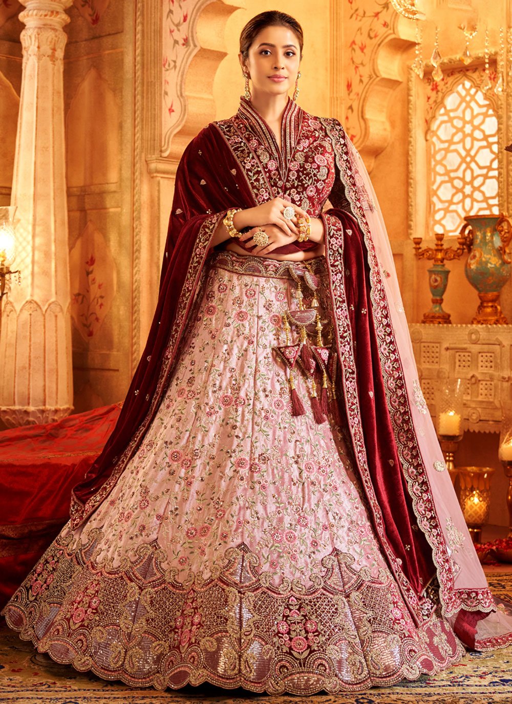 Red velvet lehenga choli with dupatta: Doli barat pattern handwork | Lehenga,  Bridal lehenga choli, Lehenga choli