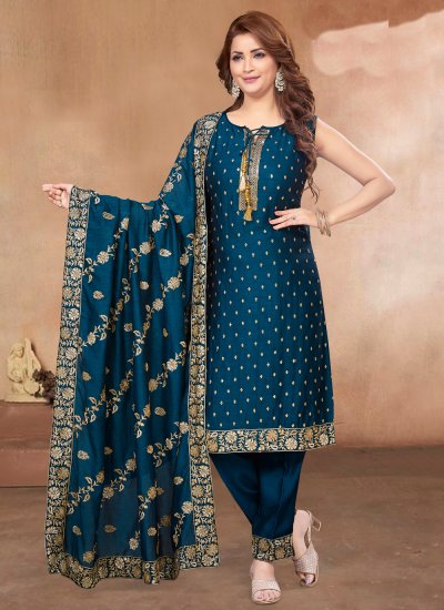 Ravishing Silk Teal Zari Readymade Salwar Suit