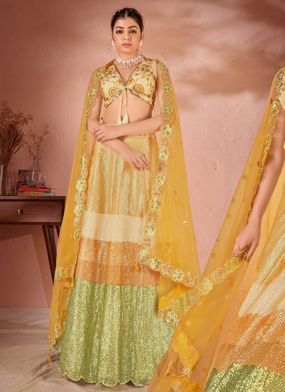Multicolored Bridal Lehenga Choli In Zari Embroidery 2628LG06