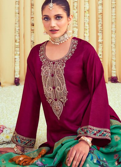 Raw Silk Wine Pakistani Salwar Suit