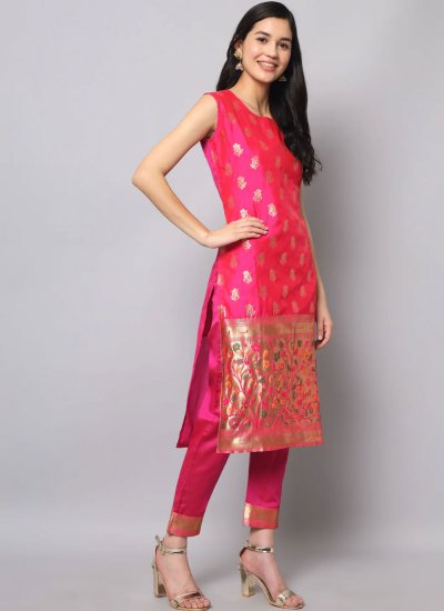 Readymade Salwar Suit Jacquard Work Silk in Rani