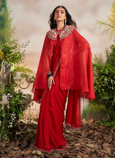 Party Wear Sarees : Red georgette ruffle border partywear