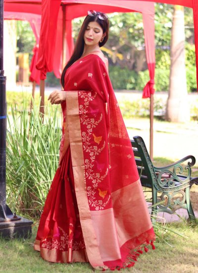 Red Casual Cotton Silk Contemporary Style Saree
