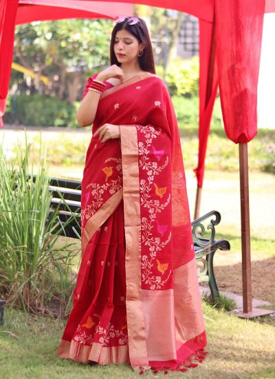 Red Casual Cotton Silk Contemporary Style Saree