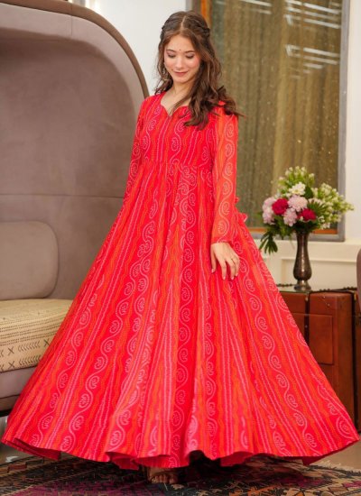 Red Digital Print Georgette Trendy Gown