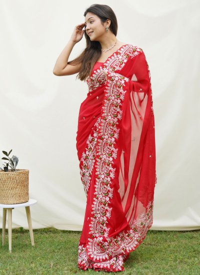 Red Embroidered Georgette Satin Contemporary Saree