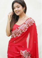 Red Embroidered Georgette Satin Contemporary Saree