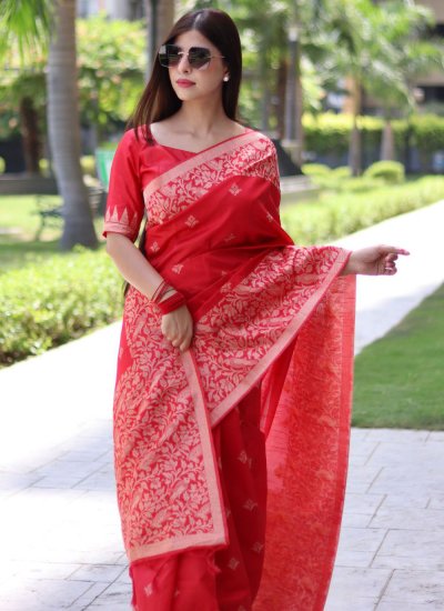 Red Handloom silk Woven Traditional Saree