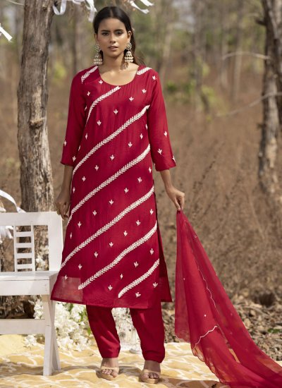 Red Muslin Embroidered Pant Style Suit