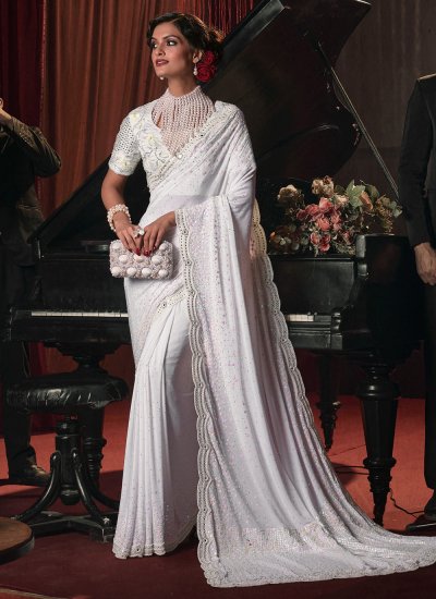 Renowned Embroidered Imported White Contemporary Saree