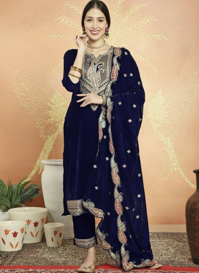 Resham Velvet Trendy Salwar Suit in Navy Blue