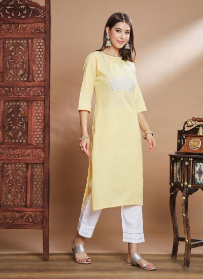 Salwar Kameez Embroidered Cotton in Yellow