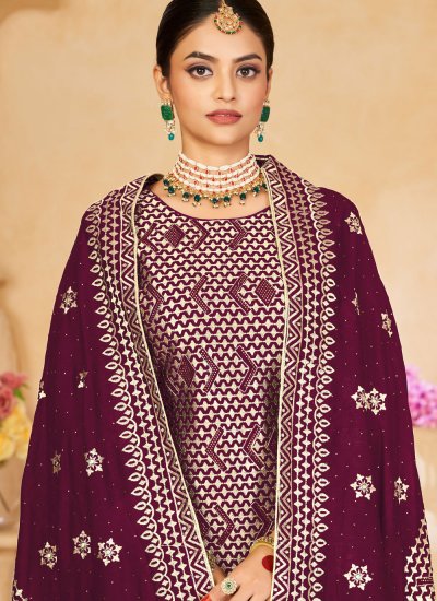 Salwar Kameez Embroidered Vichitra Silk in Wine