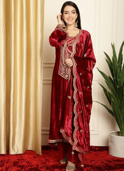 Salwar Suit Embroidered Velvet in Maroon