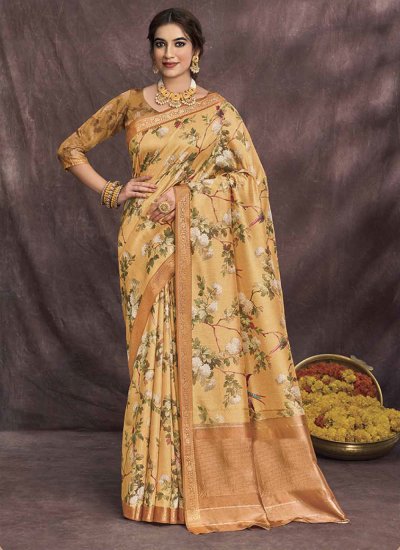 Saree Floral Print Silk in Peach