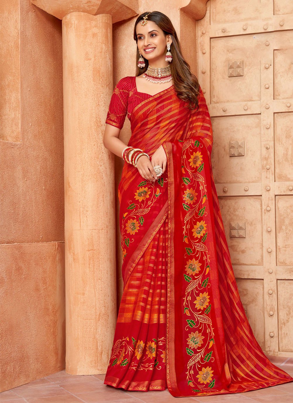 Ruchi 13302-A Savera Red Unstiched Chiffon Saree